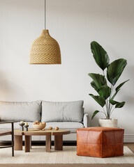 Japandi Interior Living Room with Cozy Sofa & Armchair, Light Furniture, Textured Rug, Indoor Plants and Table with Decoration - 3d Rendering
