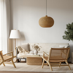 Japandi Interior Living Room with Cozy Sofa & Armchair, Light Furniture, Textured Rug, Indoor Plants and Table with Decoration - 3d Rendering
