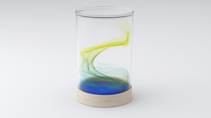 Inside a glass vial that is transparent and has a cap made of metal, colorful liquid splashes about