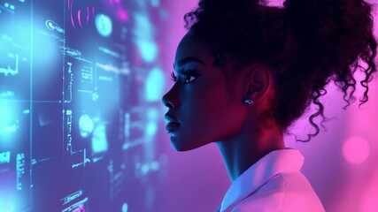 Futuristic Technology: African American Woman Analyzes Data on Holographic Display - Powered by Adobe