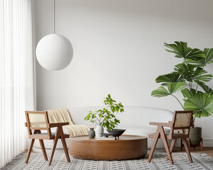 Japandi Interior Living Room with Cozy Sofa & Armchair, Light Furniture, Textured Rug, Indoor Plants and Table with Decoration - 3d Rendering
