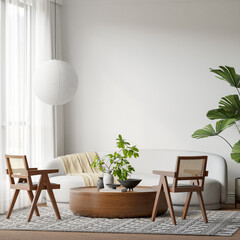 Japandi Interior Living Room with Cozy Sofa & Armchair, Light Furniture, Textured Rug, Indoor Plants and Table with Decoration - 3d Rendering
