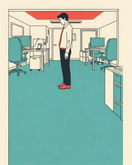 A businessman in a cramped office with a low ceiling. A metaphor for a lack of career growth, professional burnout, limitations, and the inability to further develop within the company.