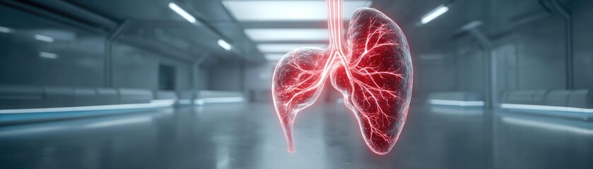 Post gallbladder removal with bile flow and scan concept. 3D visualization of human lungs in modern medical environment.