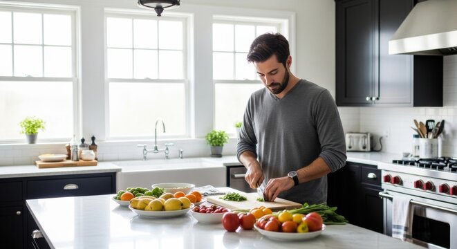 Man Preparing a Healthy Meal in a Bright Kitchen: Fresh Ingredients and Cooking Process