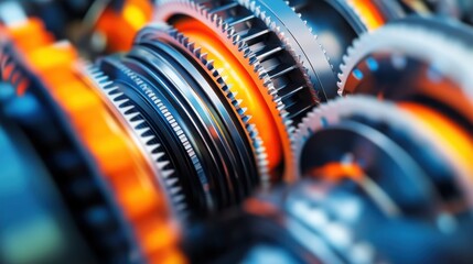 Close-up view features bright colors illuminating the gears and cogs of an industrial machine, highlighting their intricate design while the background softly blurs for focus.