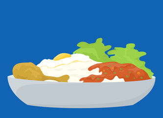 healthy rice breakfast with Chicken leg, fried egg and vegetables.