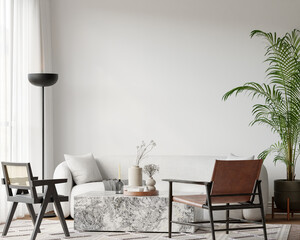 Japandi Interior Living Room with Cozy Sofa & Armchair, Light Furniture, Textured Rug, Indoor Plants and Table with Decoration - 3d Rendering
