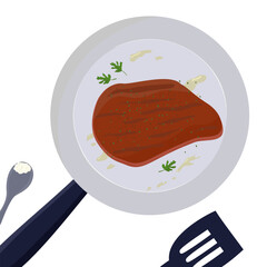 Cooking steak with seasonings on a metal griddle with a non-stick coating. Frying food in a pan.