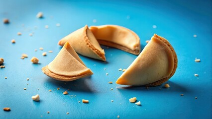 A cracked traditional fortune cookie lies on a blue background