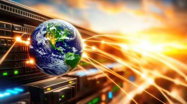 Digital globe with glowing connections represents global connectivity in advanced data center environment