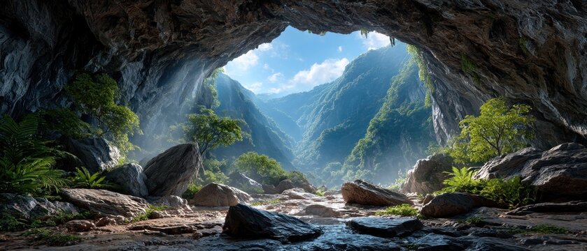 Lush cave opening to a valley - Powered by Adobe
