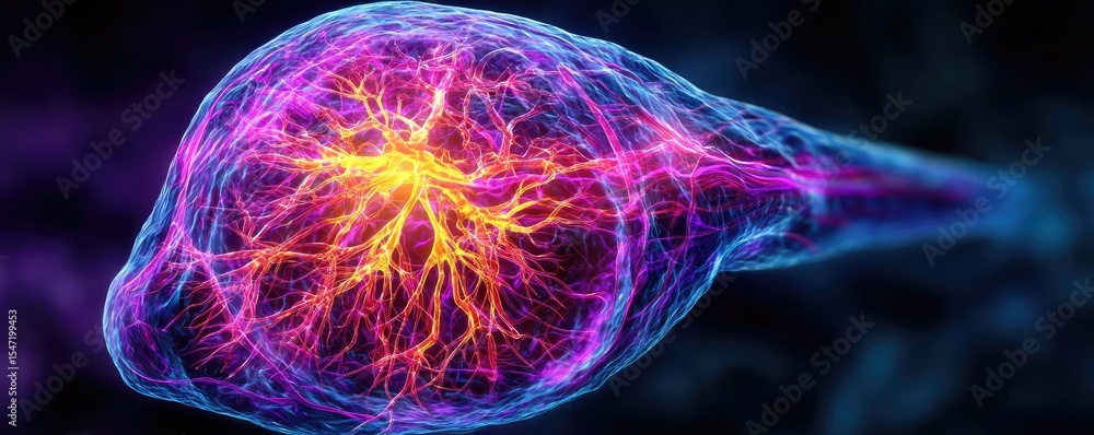 Poster bile flow disruption with gallbladder function decline concept. intricate depiction of neurons showc