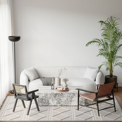 Japandi Interior Living Room with Cozy Sofa & Armchair, Light Furniture, Textured Rug, Indoor Plants and Table with Decoration - 3d Rendering
