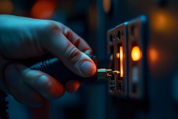 Close-up hands pulling the plug from an electronic device after use, symbolizing the proper handling and conservation of energy., Generative AI