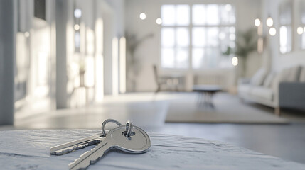 Keys on the table in new sunny white colors room in apartment or house. Mortgage, rent, real estate, property investment concept