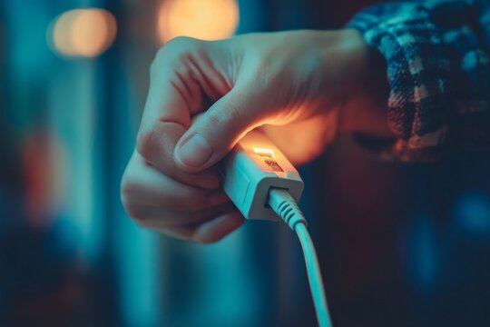Close-up hands pulling the plug from an electronic device after use, symbolizing the proper handling and conservation of energy., Generative AI