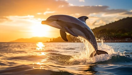 Obraz premium Close up photo of a dolphin jumping out of the water with a blurry blue sky background