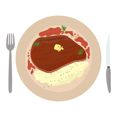 illustration of mashed potatoes with roasted cutlet and sauce.