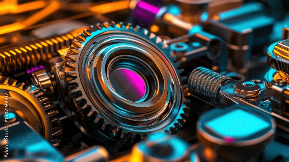 Aufkleber close-up view features bright colors illuminating the gears and cogs of an industrial machine, highl