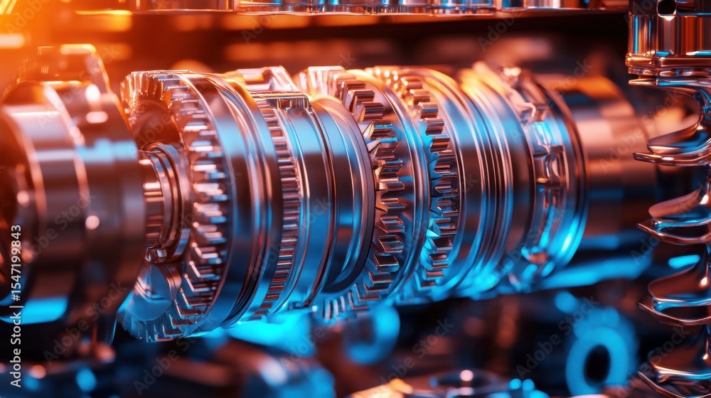 Aufkleber close-up view features bright colors illuminating the gears and cogs of an industrial machine, highl