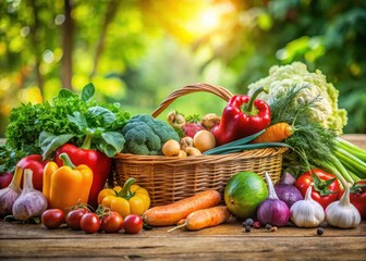 Colorful variety of fresh vegetables arranged on a wooden table in a garden
