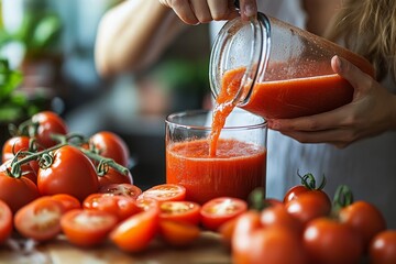 Low-calorie drinks for wellness, woman making homemade tomato juice as a healthy alternative to sugary beverages., Generative AI