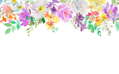 Vector frame of abstract purple and white peonies and wildflowers painted in watercolor. Hand-drawn floral drop background with transparent background.