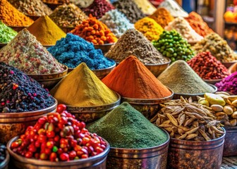 Vibrant stalls overflowing with aromatic spices and herbs in a bustling Middle Eastern market © udomsak