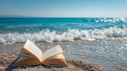 Open book lying on a pebbled beach with gentle ocean waves in background, symbolizing relaxation and summer reading escape