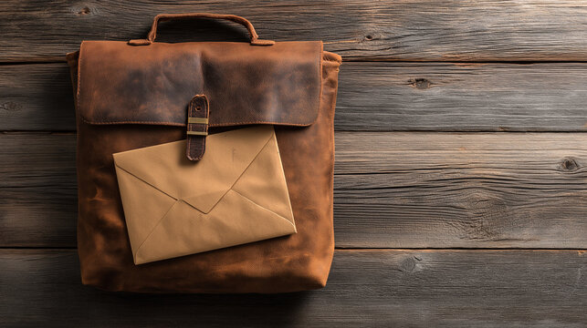 Vintage leather mail bag with sealed letter on wood, conveying timeless communication and nostalgia.