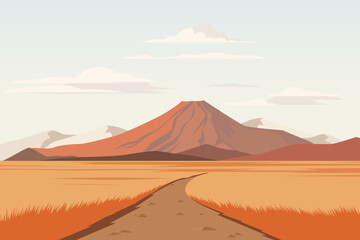 Golden steppe and mountain landscape vector illustration. Beautiful steppe fields with wheat, grass and road leading to the mountains. Summer steppe landscape.