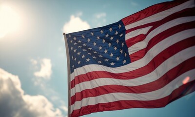 American flag waving in sunny sky patriotism freedom national pride