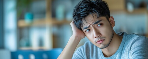 Seasonal cold sickness, Asian man looking at thermometer, feeling exhausted, and suffering from a fever as a result of illness., Generative AI