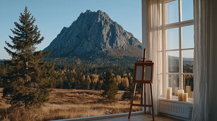 Mountain vista viewed through a window with an easel.