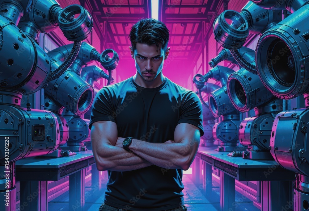 Poster a man standing confidently by automated sorting equipment in a futuristic setting