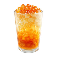 Orange bubble tea Filipino Sagot Gulaman filled with tapioca pearls and topped with mint, isolated on white transparent background. Concept of summer drink