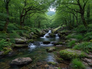 Obraz premium Lush forest stream cascading over rocks (1)