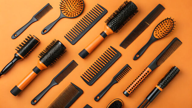Black and orange hairbrushes and combs on orange background