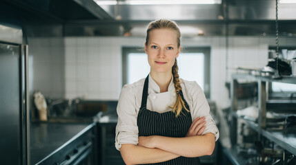 Confident female chef standing in professional kitchen. Concept of women in non-traditional careers, leadership, culinary skills, empowerment, and modern gastronomy.