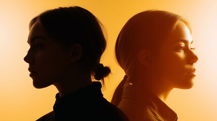 Two women facing opposite directions in dramatic light, symbolizing mental health, duality, and emotional contrast. A conceptual portrait with warm tones and introspective mood.