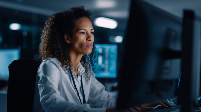 Focused female security specialist working at computer station in dark office. Concept of cybersecurity, information protection, and women in technology professions.