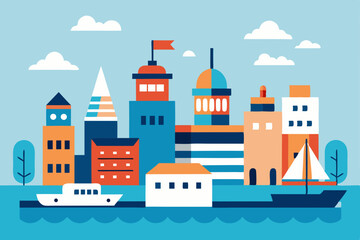 Naklejka premium Cartoon vector illustration of city street with diverse architecture including houses, buildings, and a castle under a clear sky