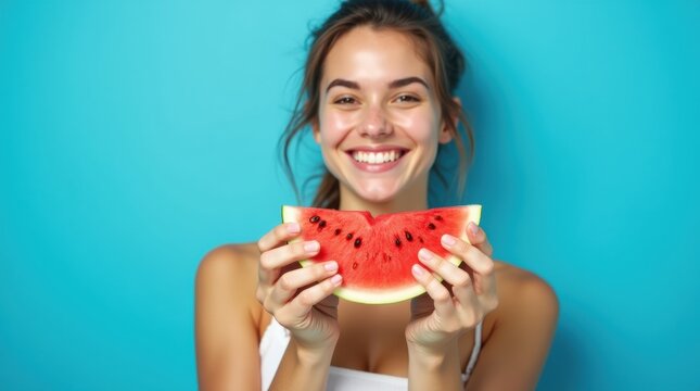 Young woman smiling and holding a slice of watermelon against a blue background. Bright portrait celebrating summer and fresh fruit 