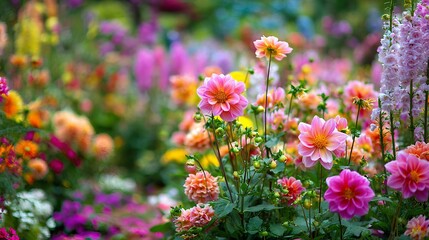 Obraz premium Blooming garden filled with vibrant pink and orange flowers under sunlight. Tips for Growing Healthy Flowers in Summer, concept of nature and floral beauty