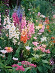 Fototapeta premium Blooming garden filled with vibrant pink and orange flowers under sunlight. Tips for Growing Healthy Flowers in Summer, concept of nature and floral beauty