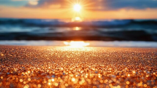 Glowing sunset over sparkling beach shore with ocean waves