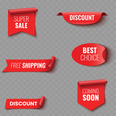 Set of Red Sale and Promotion Ribbons and Banners .Vector