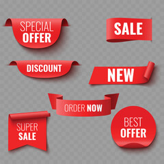 Set of Red Sale and Promotion Ribbons and Banners .Vector