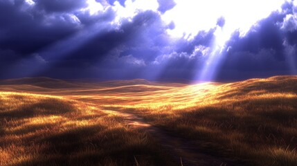 Fototapeta premium Bright rays of sunlight shine down upon rolling golden hills and a winding dirt road becomes Rolling golden hills and a winding dirt road are bathed in bright rays of sunlight shining down